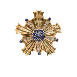 Mid-Century Starburst Brooch in Gold with Sapphires and Diamonds
