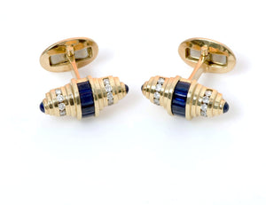 Blue Sapphire Bands with Diamond Accents in Ridged Yellow Gold