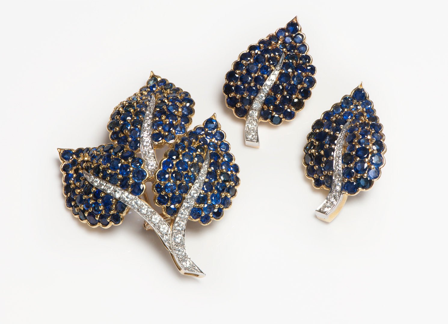 Sapphire Diamond Gold Leaf Earrings Brooch Set