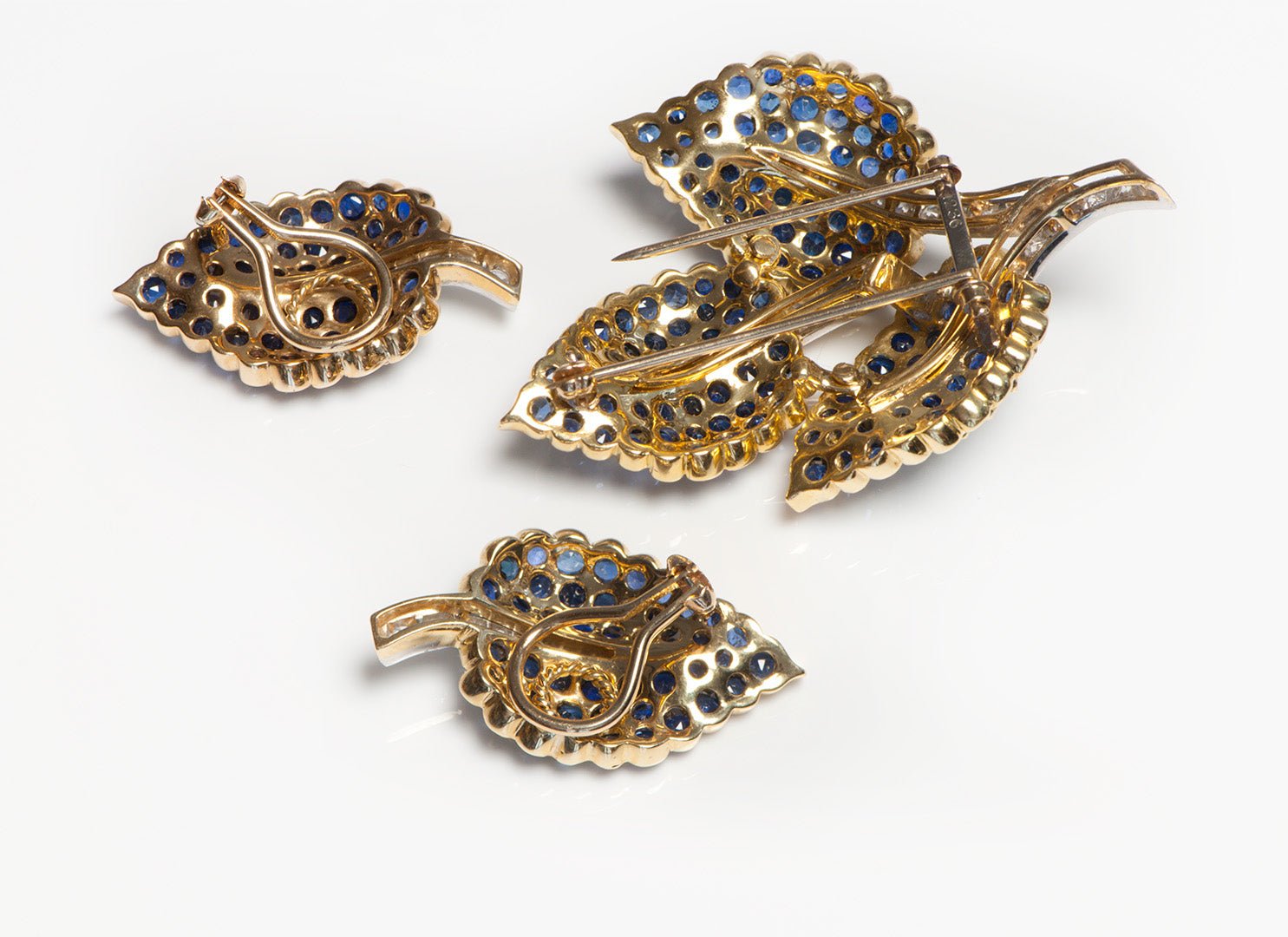 Sapphire Diamond Gold Leaf Earrings Brooch Set