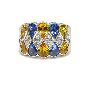 Vibrant 18K Gold Harlequin-Design Diamond Sapphire & Citrine Ring