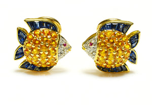 Blue and Yellow Sapphire Diamond and Ruby 18K Gold Fish Earrings