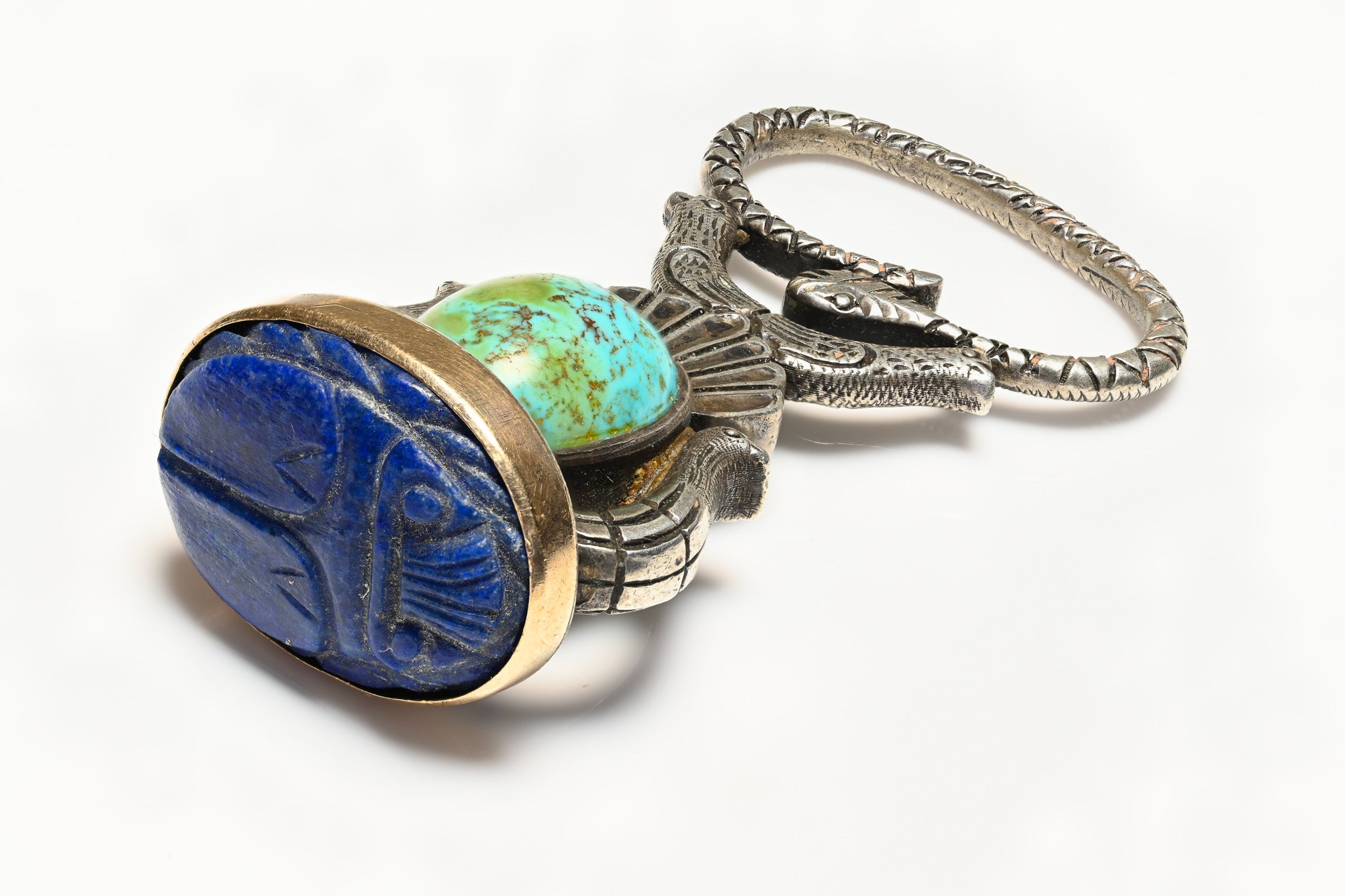 Antique Egyptian Revival Lapis Turquoise Scarab Gold Fob 