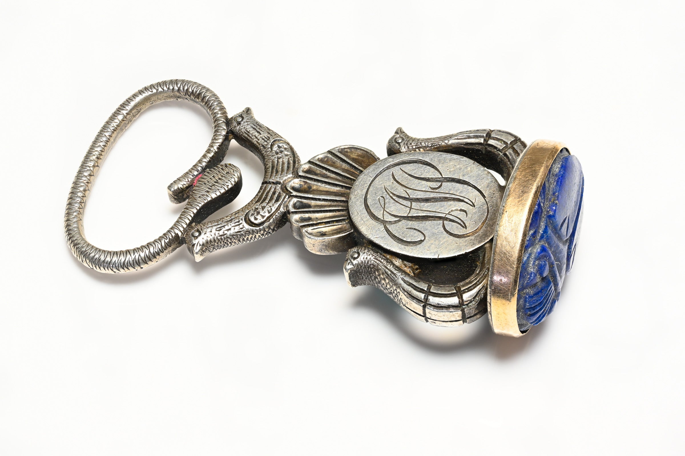 Antique Egyptian Revival Lapis Scarab Silver Gold Fob 