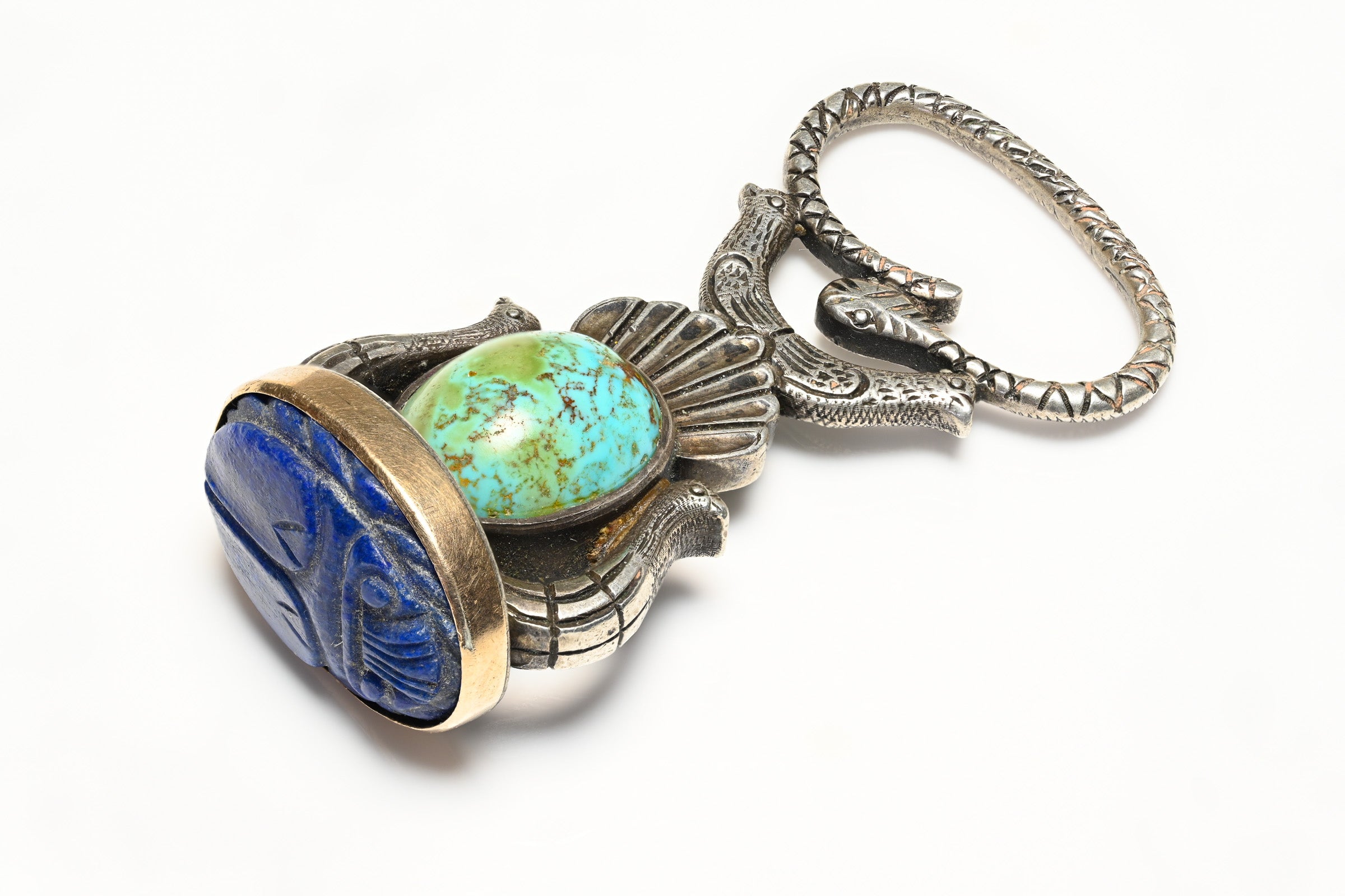 Antique Egyptian Revival Lapis Turquoise Scarab Silver Gold Fob 