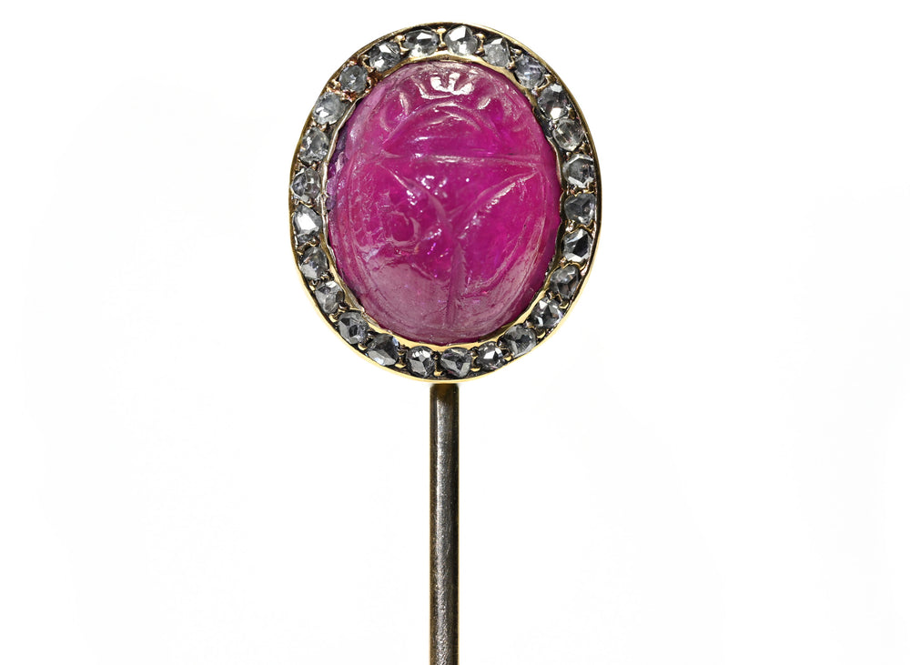 Antique Gold Carved Ruby Scarab Diamond Stick Pin