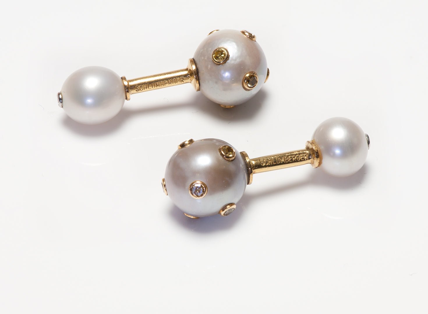 Schlumberger 18K Gold Pearl & Fancy Colored Diamond Cufflinks