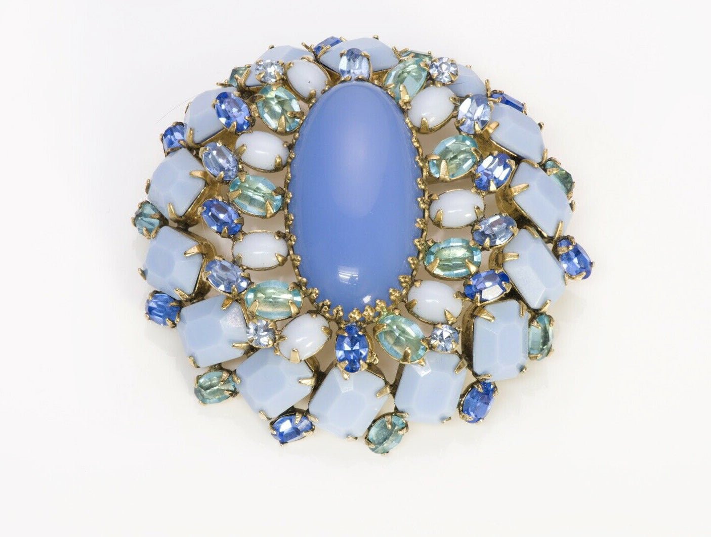 SCHREINER 1950’s Blue Aqua Crystal Dome Pendant Brooch