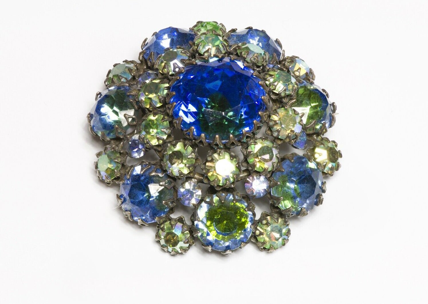 SCHREINER New York 1950’s Blue Green Iridescent Crystal Dome Brooch