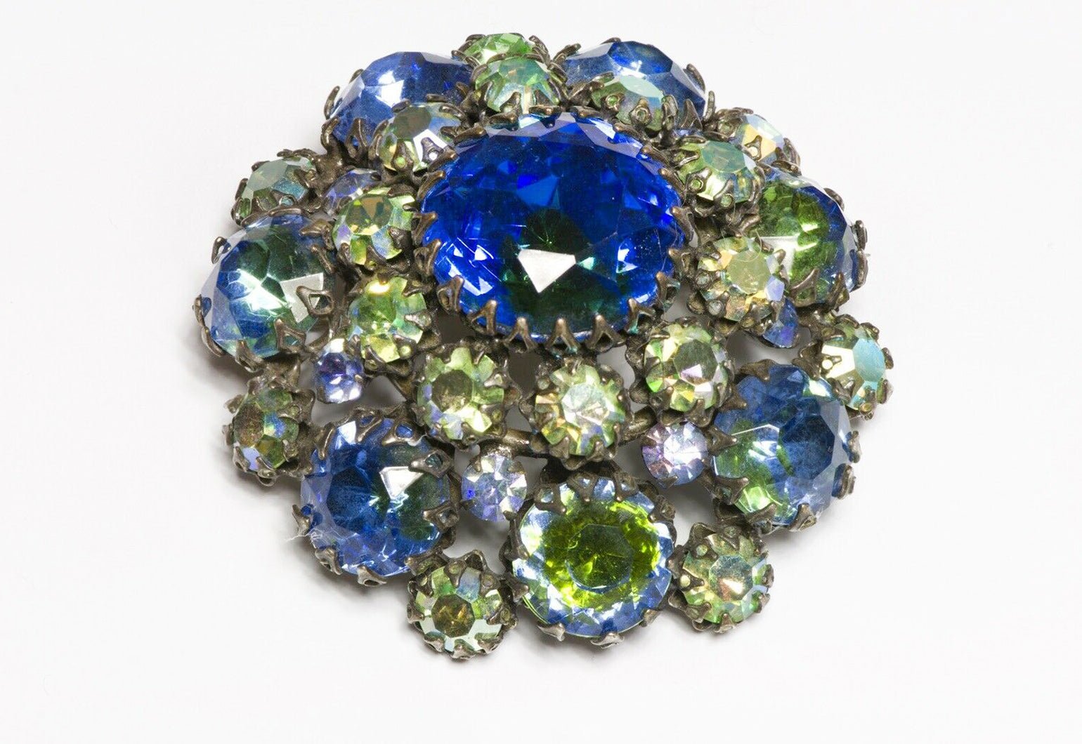 SCHREINER New York 1950’s Blue Green Iridescent Crystal Dome Brooch