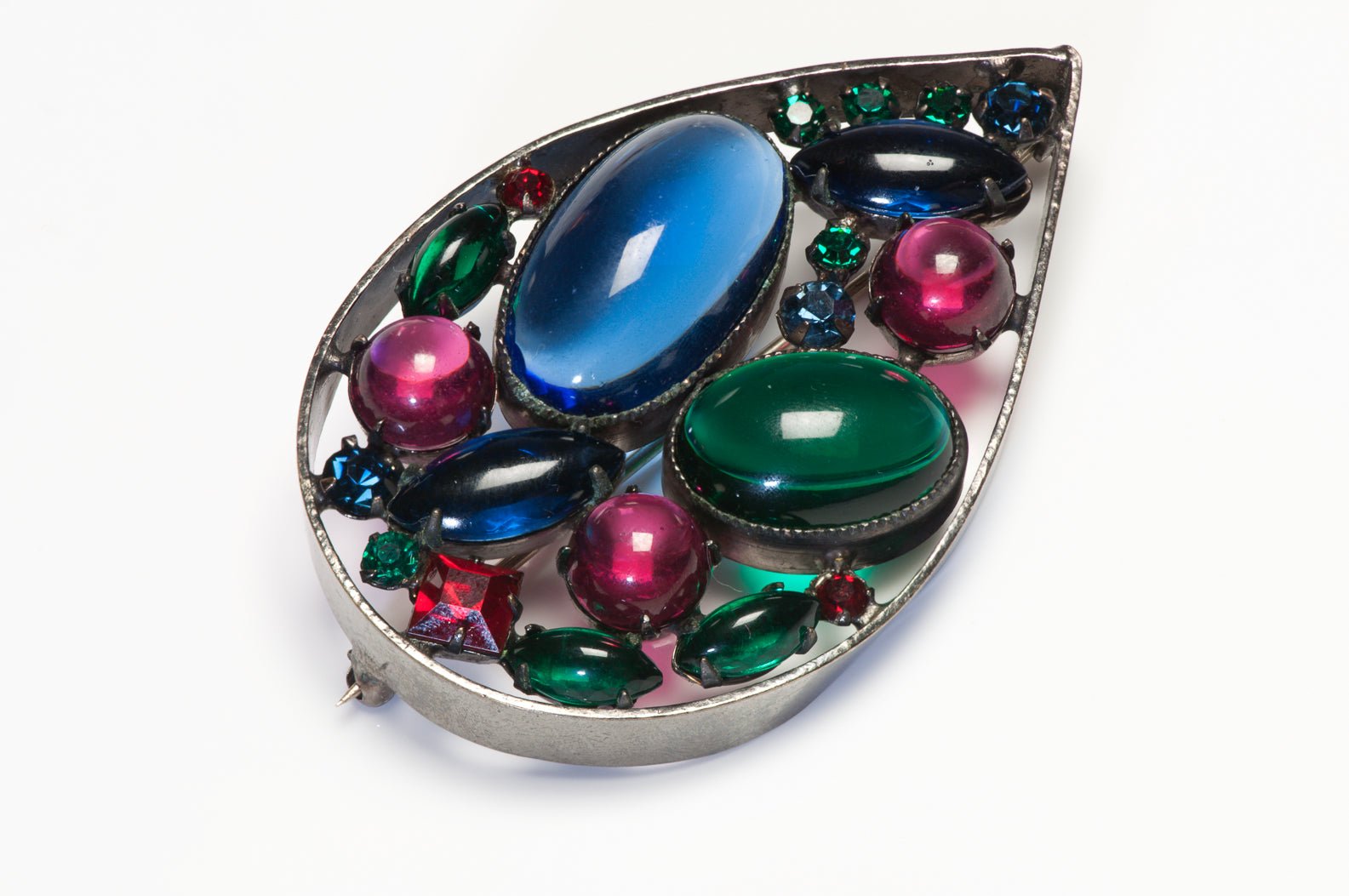 Schreiner New York 1950’s Blue Green Pink Cabochon Red Crystal Teardrop Brooch