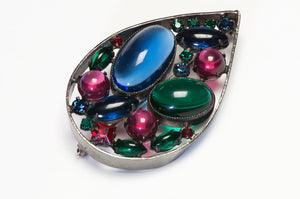 Schreiner New York 1950’s Blue Green Pink Cabochon Red Crystal Teardrop Brooch
