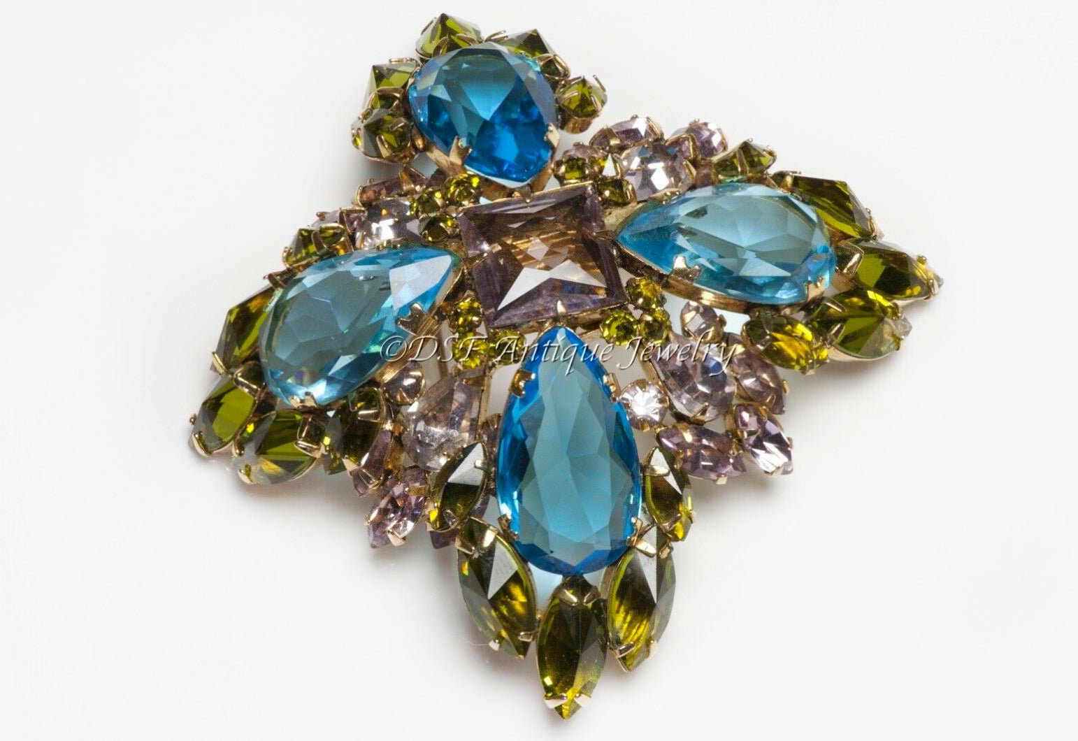 SCHREINER New York 1950’s Blue Green Pink Crystal Flower Brooch