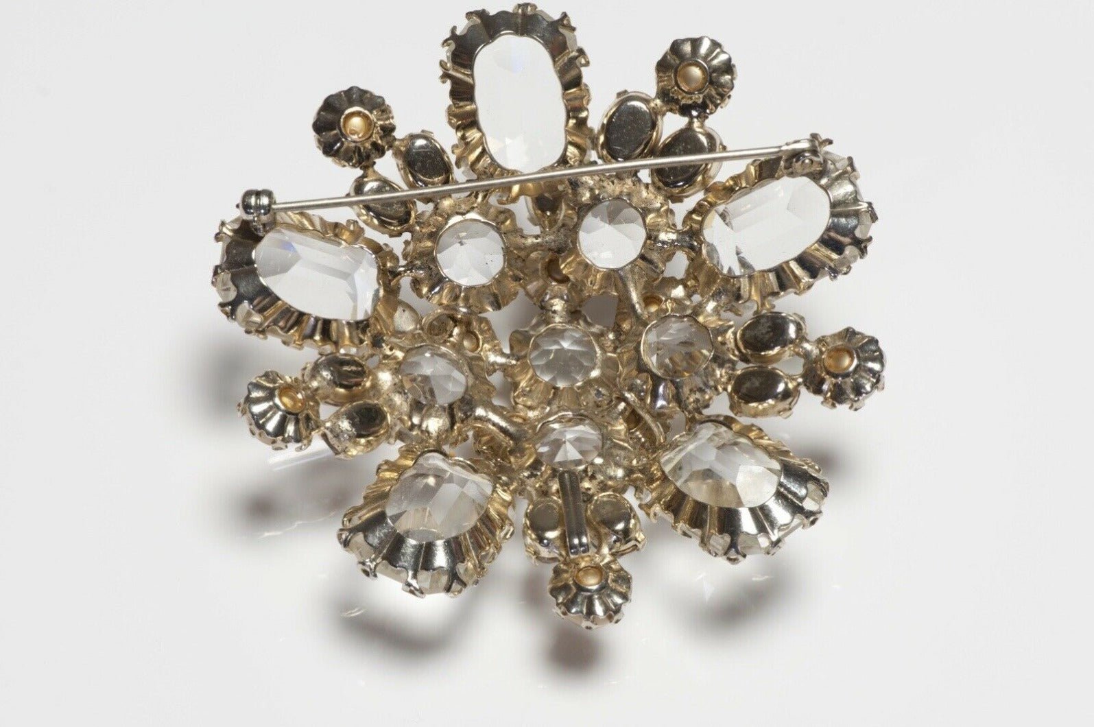 Schreiner New York 1950’s Brown Faux Pearl Crystal Flower Pendant Brooch