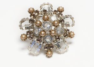 Schreiner New York 1950’s Brown Faux Pearl Crystal Flower Pendant Brooch