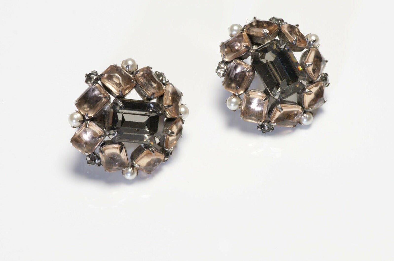 SCHREINER New York 1950’s Gray Brown Crystal Faux Pearl Brooch Earrings Set