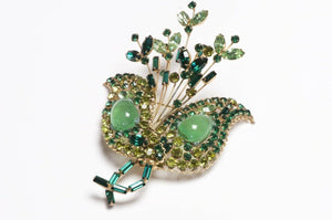 SCHREINER New York 1950’s Green Cabochon Glass Crystal Flower Brooch