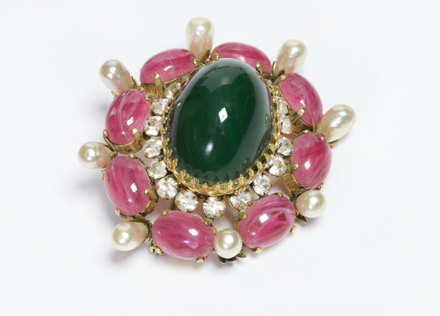 SCHREINER New York 1950’s Green Pink Cabochon Glass Crystal Pearl Brooch