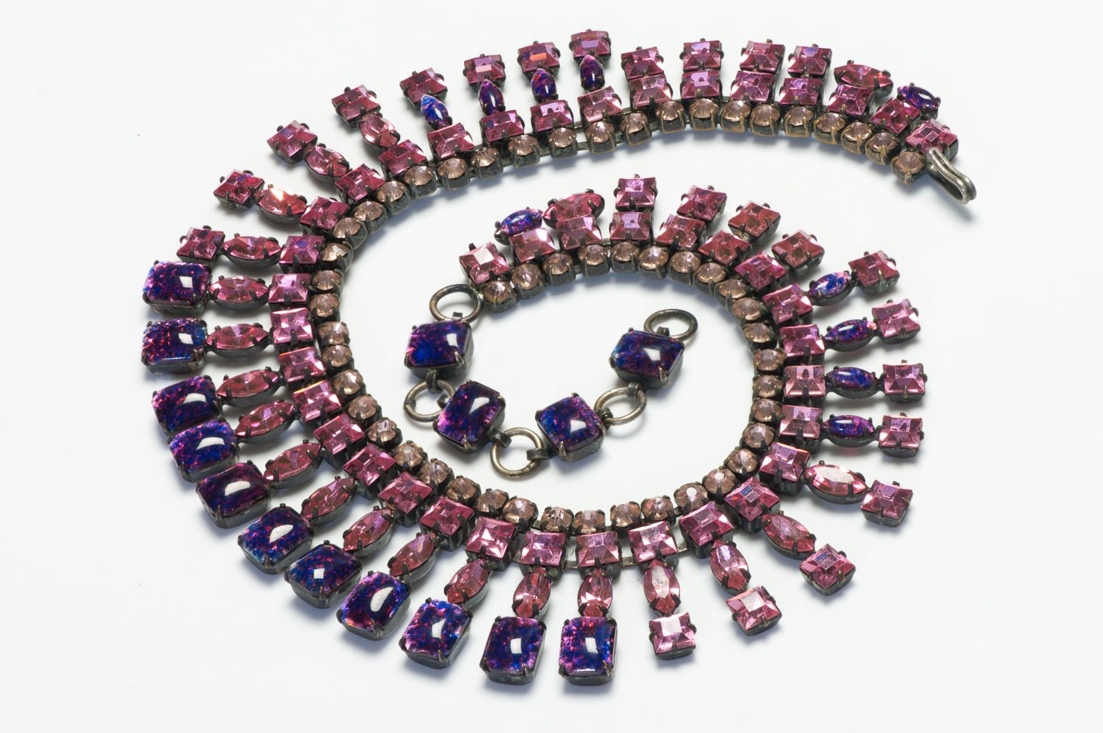 Schreiner New York 1950’s Pink Purple Crystal Glass Collar Necklace