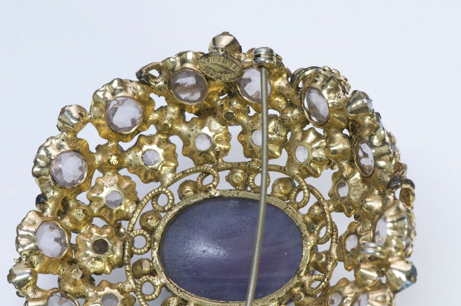 Schreiner New York 1950's Purple Cabochon Glass Blue Crystal Pendant Brooch