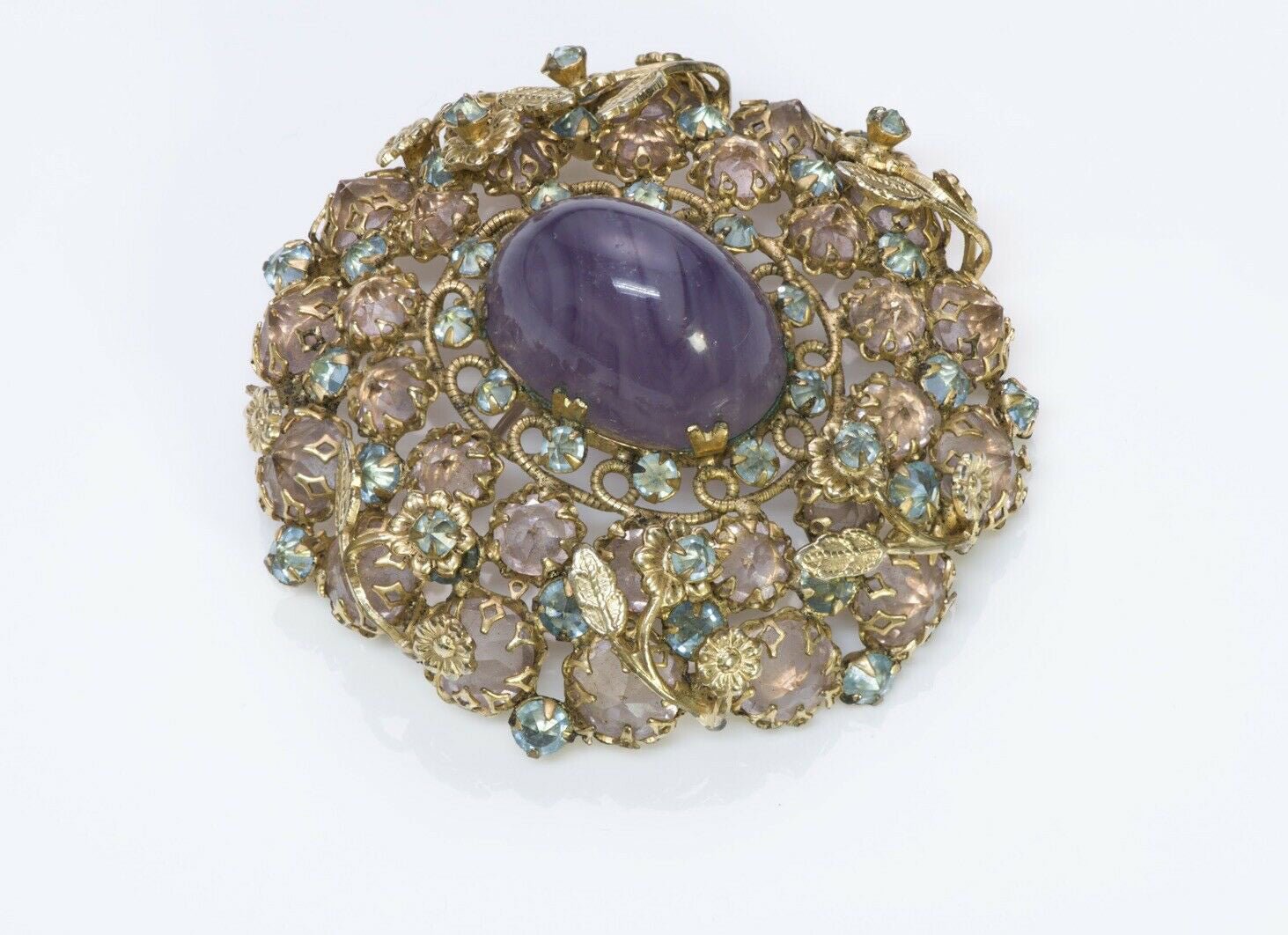 Schreiner New York 1950's Purple Cabochon Glass Blue Crystal Pendant Brooch