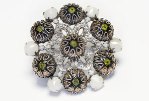 Schreiner New York 1950’s White Crystal Flower Enamel Pendant Brooch