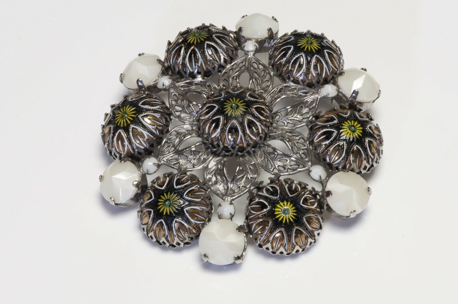 Schreiner New York 1950’s White Crystal Flower Enamel Pendant Brooch