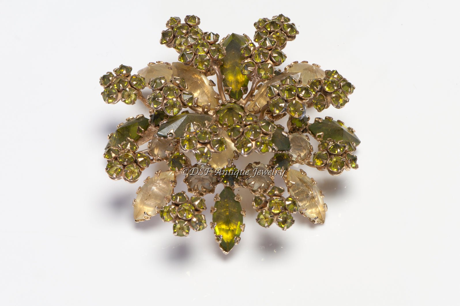 Schreiner New York 1950's Yellow Green Crystal Flower Leaf Brooch