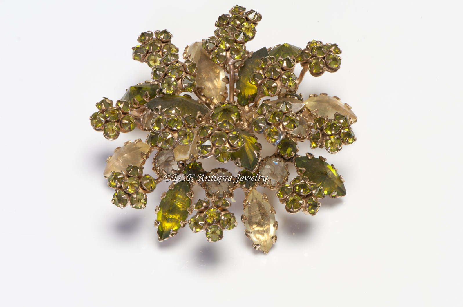 Schreiner New York 1950's Yellow Green Crystal Flower Leaf Brooch