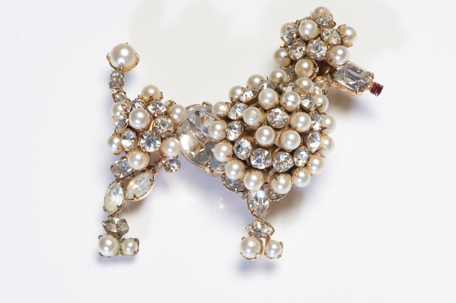 Schreiner New York 1960’s Crystal Faux Pearl Poodle Dog Brooch
