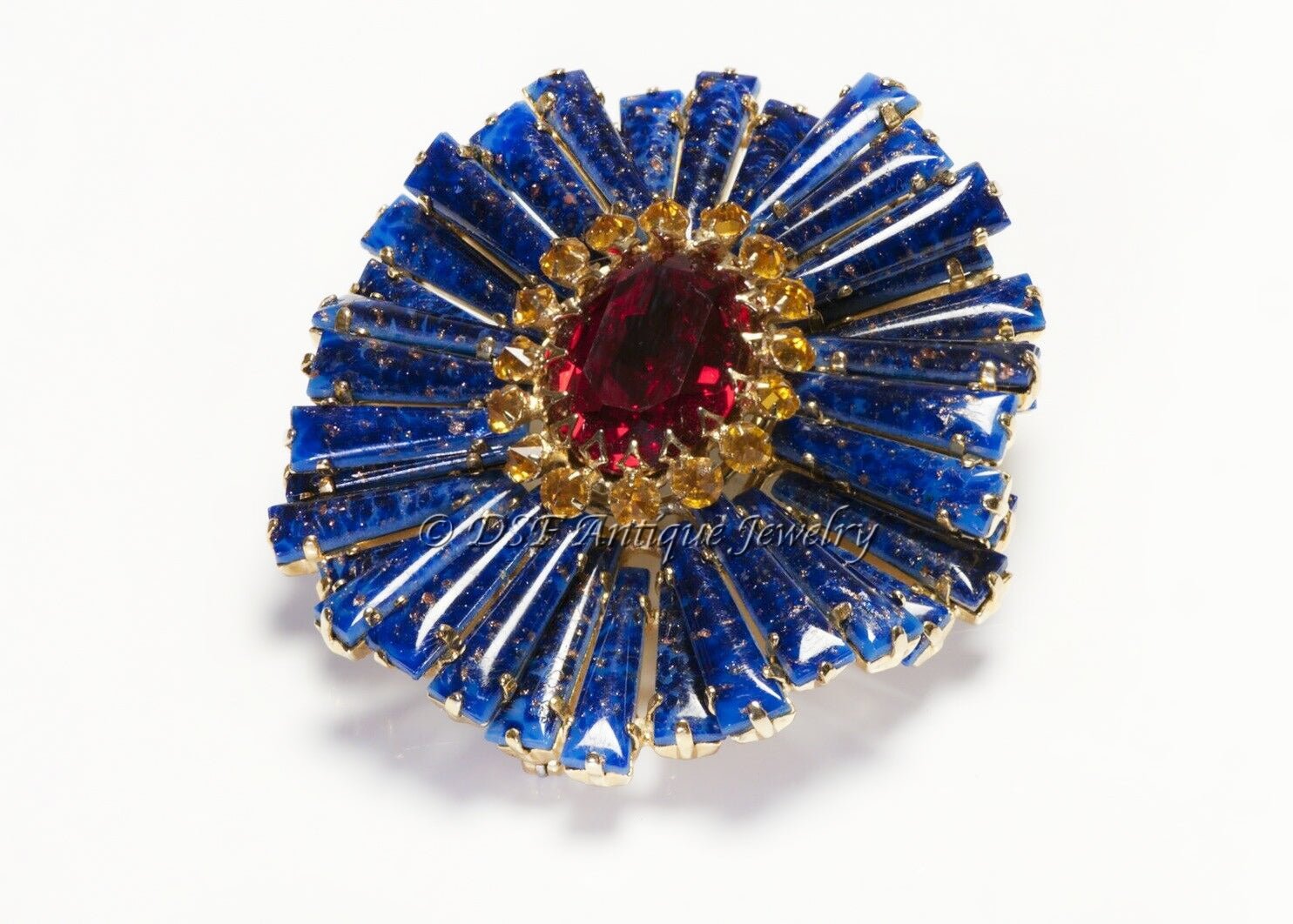 Schreiner New York Large Blue Red Yellow Crystal Ruffle Brooch
