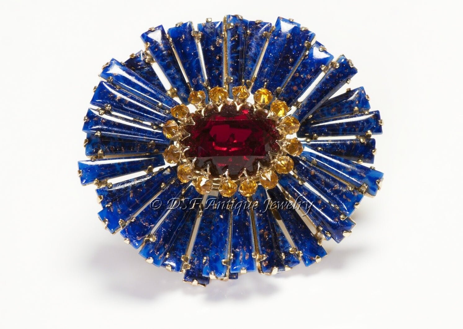 Schreiner New York Large Blue Red Yellow Crystal Ruffle Brooch