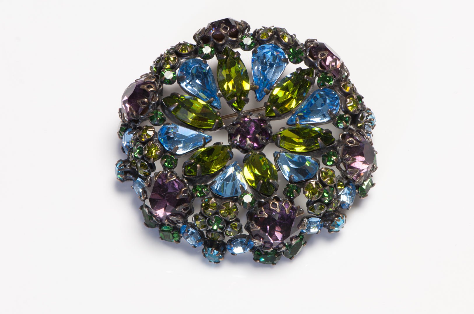 Schreiner NY 1950’s Blue Green Purple Crystal Flower Earrings Pendant Brooch Set