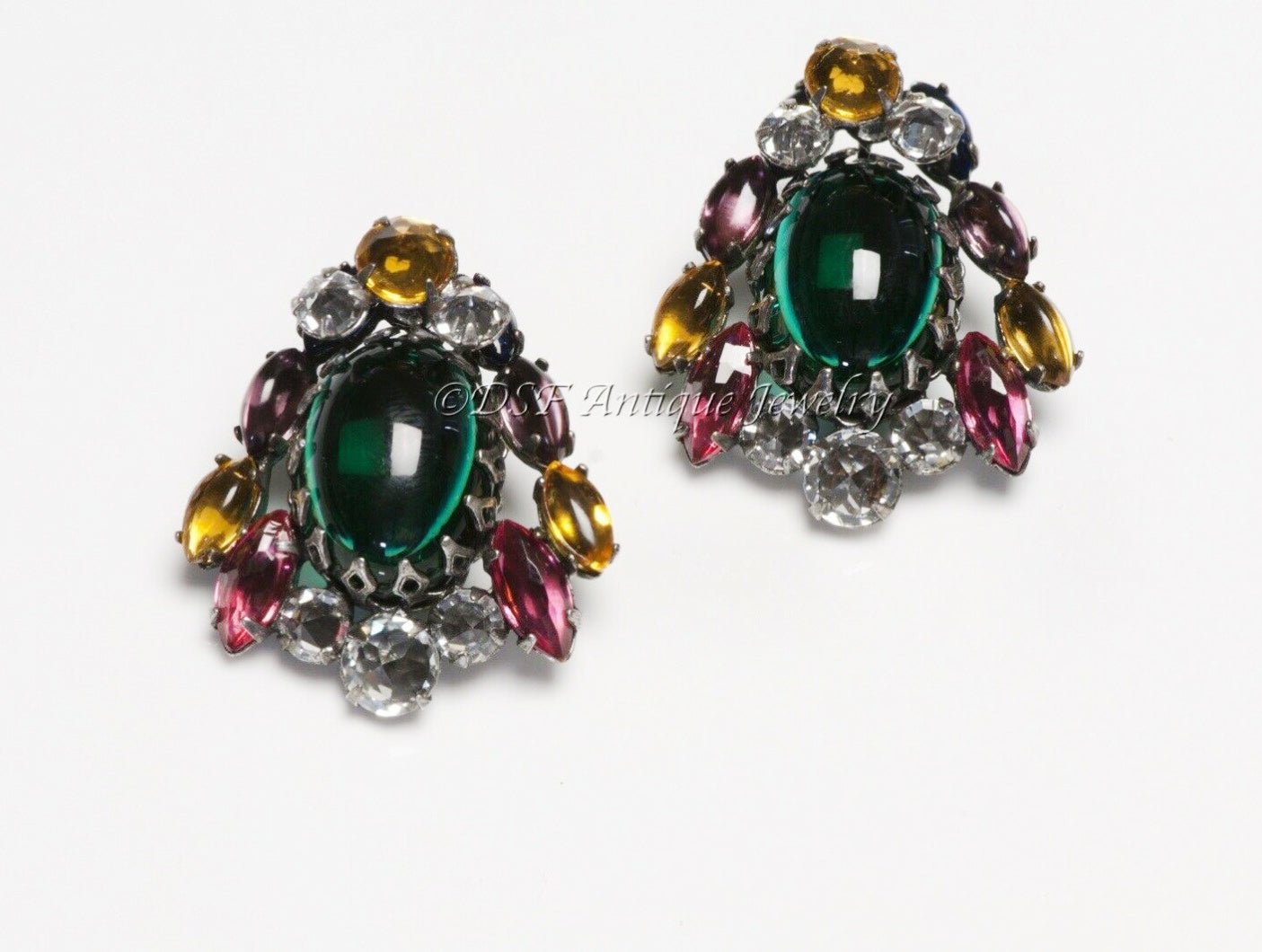 SCHREINER NY 1950’s Green Pink Crystal Brooch Earrings Set