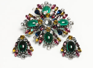 SCHREINER NY 1950’s Green Pink Crystal Brooch Earrings Set