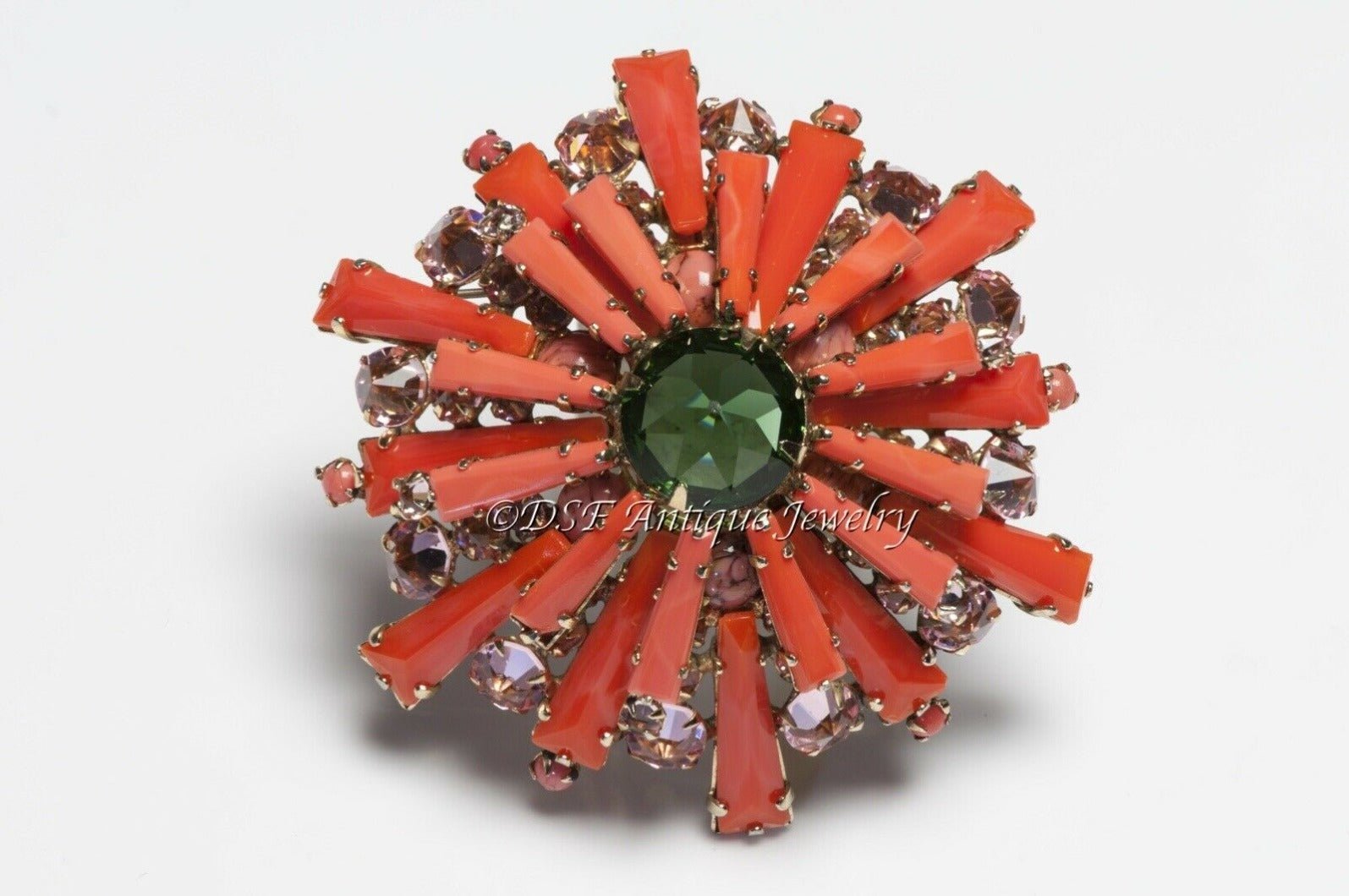 SCHREINER NY 1950’s Orange Keystone Green Crystal Ruffle Pendant Brooch