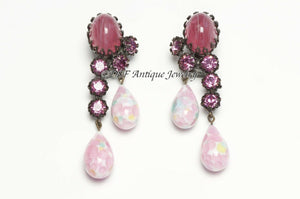 SCHREINER NY 1950’s Pink Cabochon Glass Crystal Drop Earrings