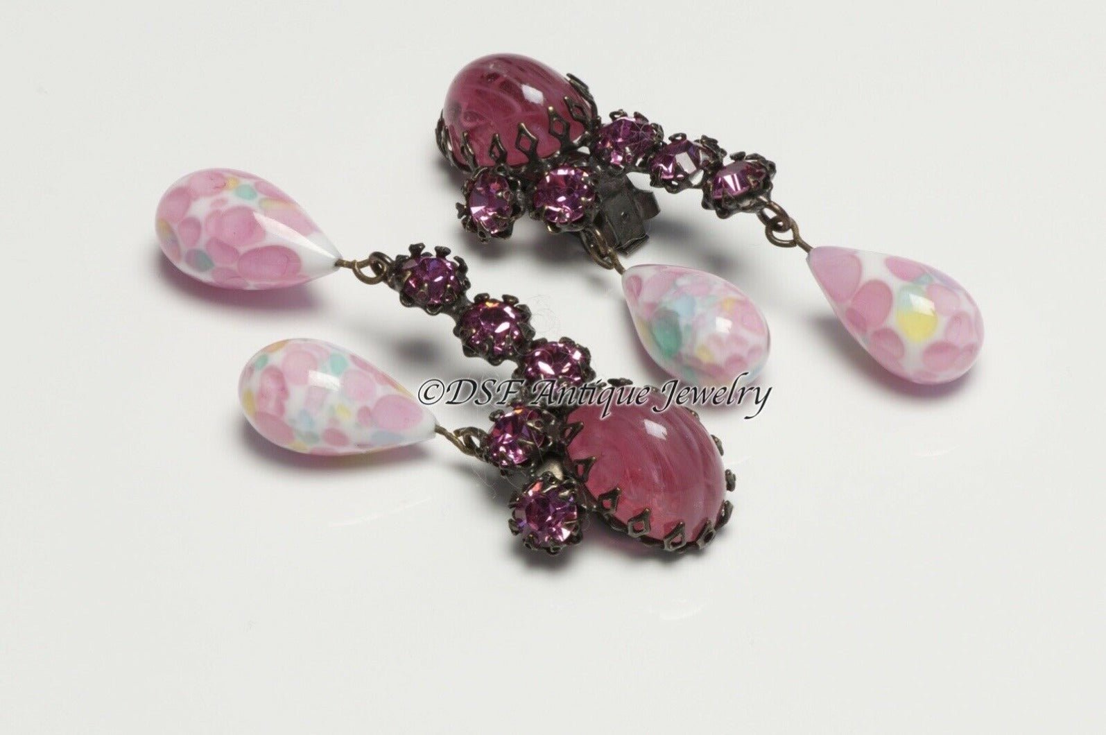 SCHREINER NY 1950’s Pink Cabochon Glass Crystal Drop Earrings