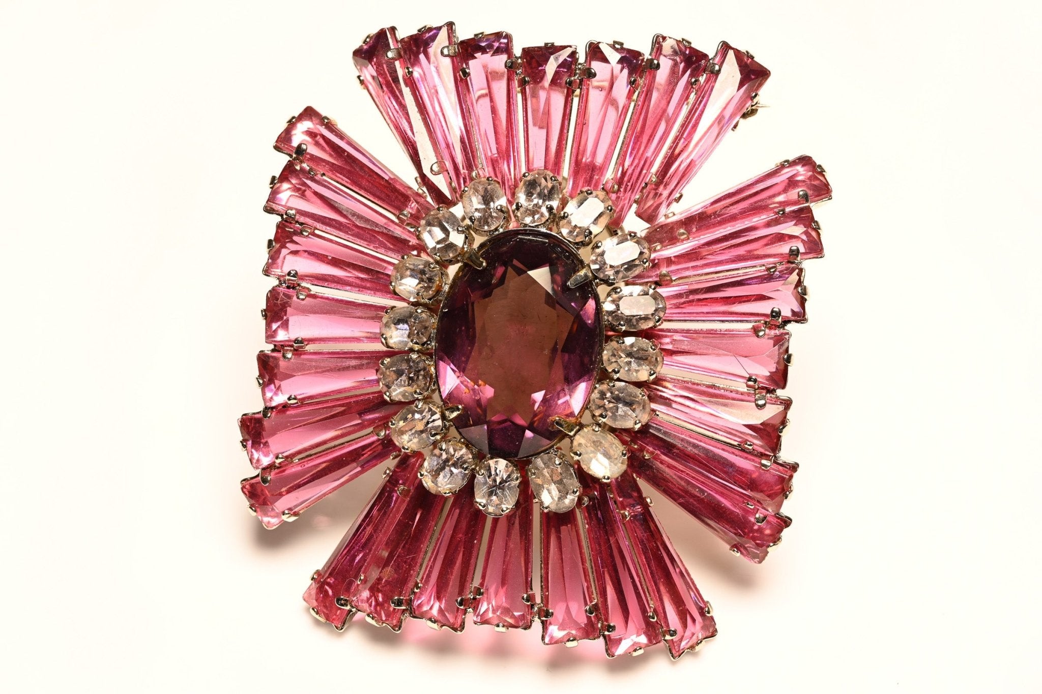Schreiner NY 1950's Pink Purple Keystone Ruffle Crystal Maltese Cross Pendant Brooch