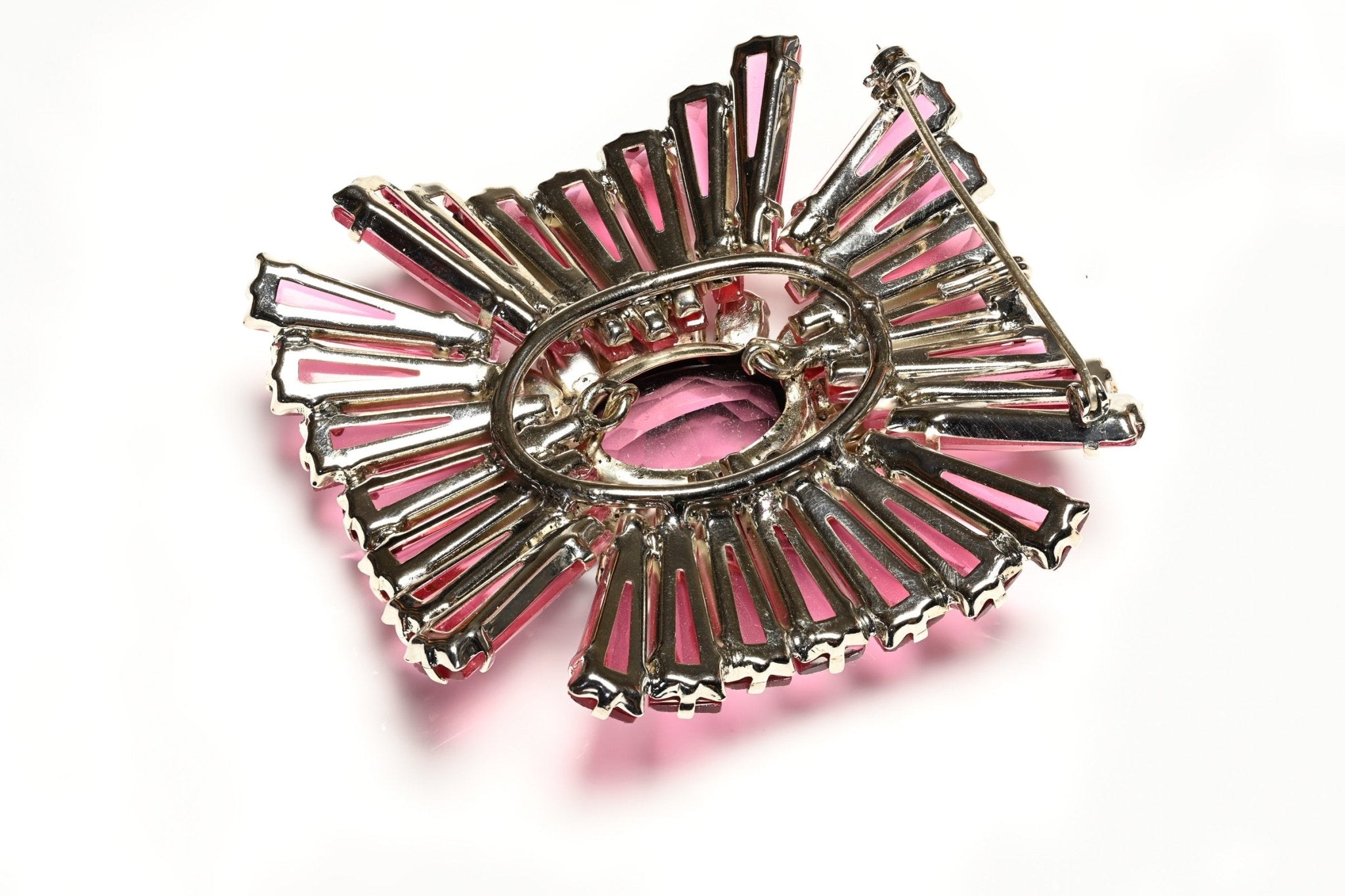 Schreiner NY 1950's Pink Purple Keystone Ruffle Crystal Maltese Cross Pendant Brooch