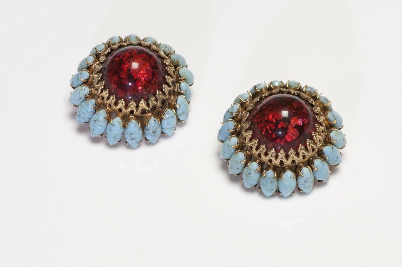 Schreiner NY 1950’s Red Cabochon Glass Blue Crystal Flower Earrings