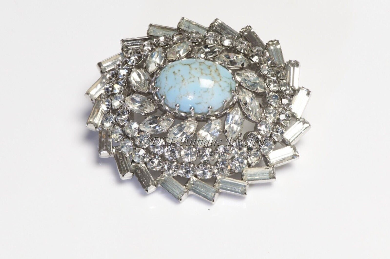 SCHREINER NY 1950’s Rhodium Plated Crystal Faux Turquoise Brooch