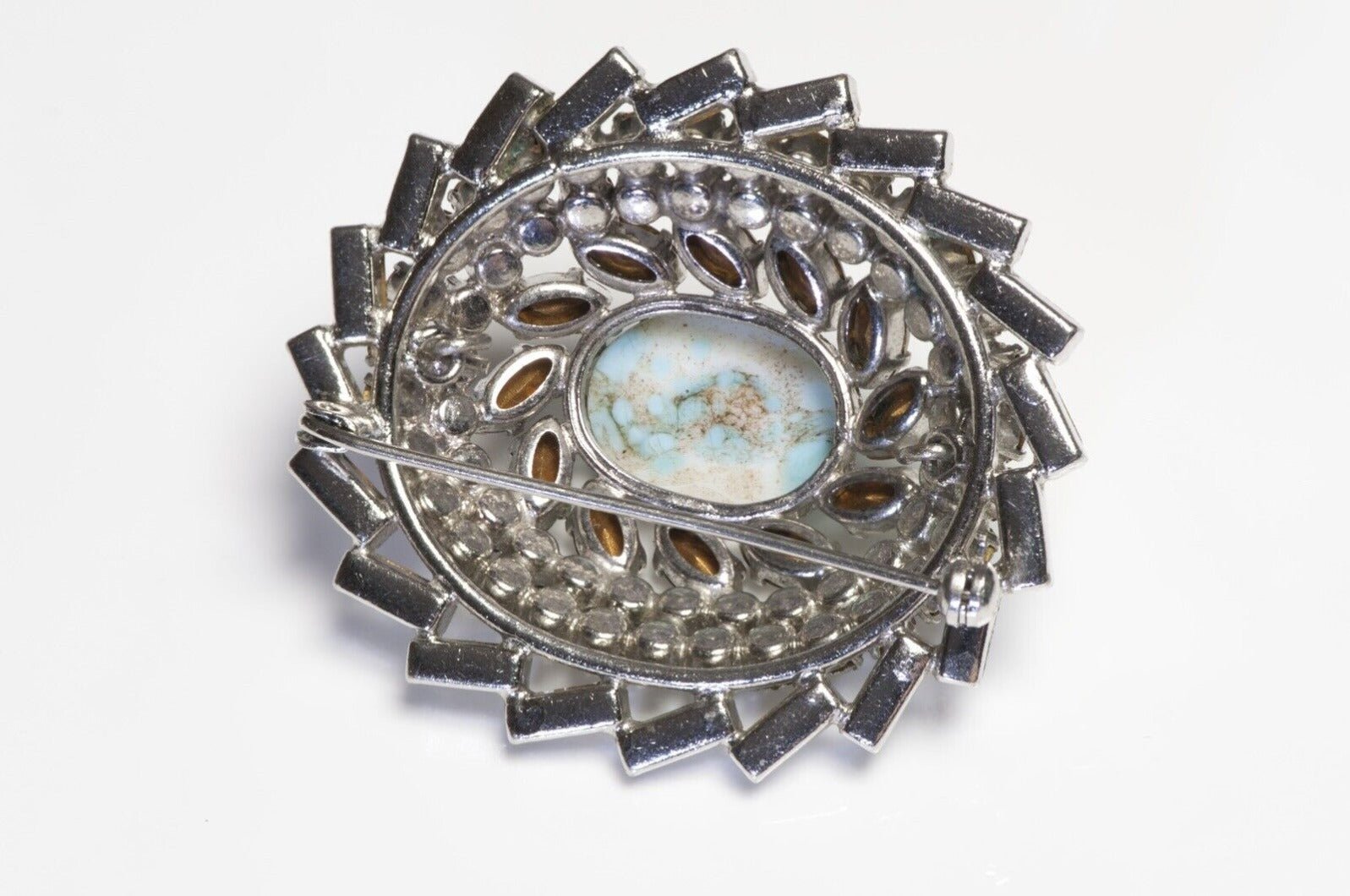 SCHREINER NY 1950’s Rhodium Plated Crystal Faux Turquoise Brooch