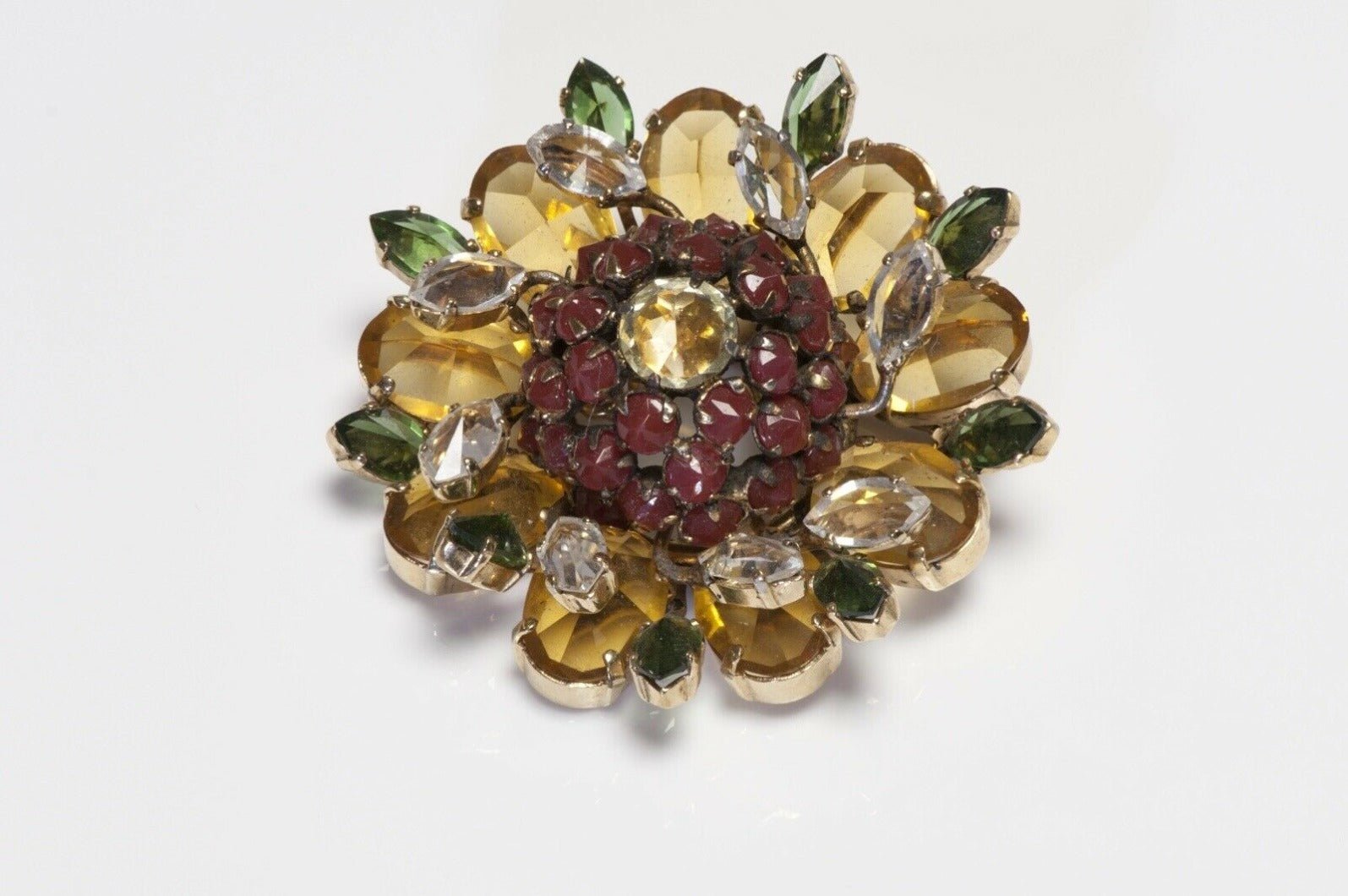 SCHREINER NY 1950’s Yellow Red Green Crystal Flower Brooch