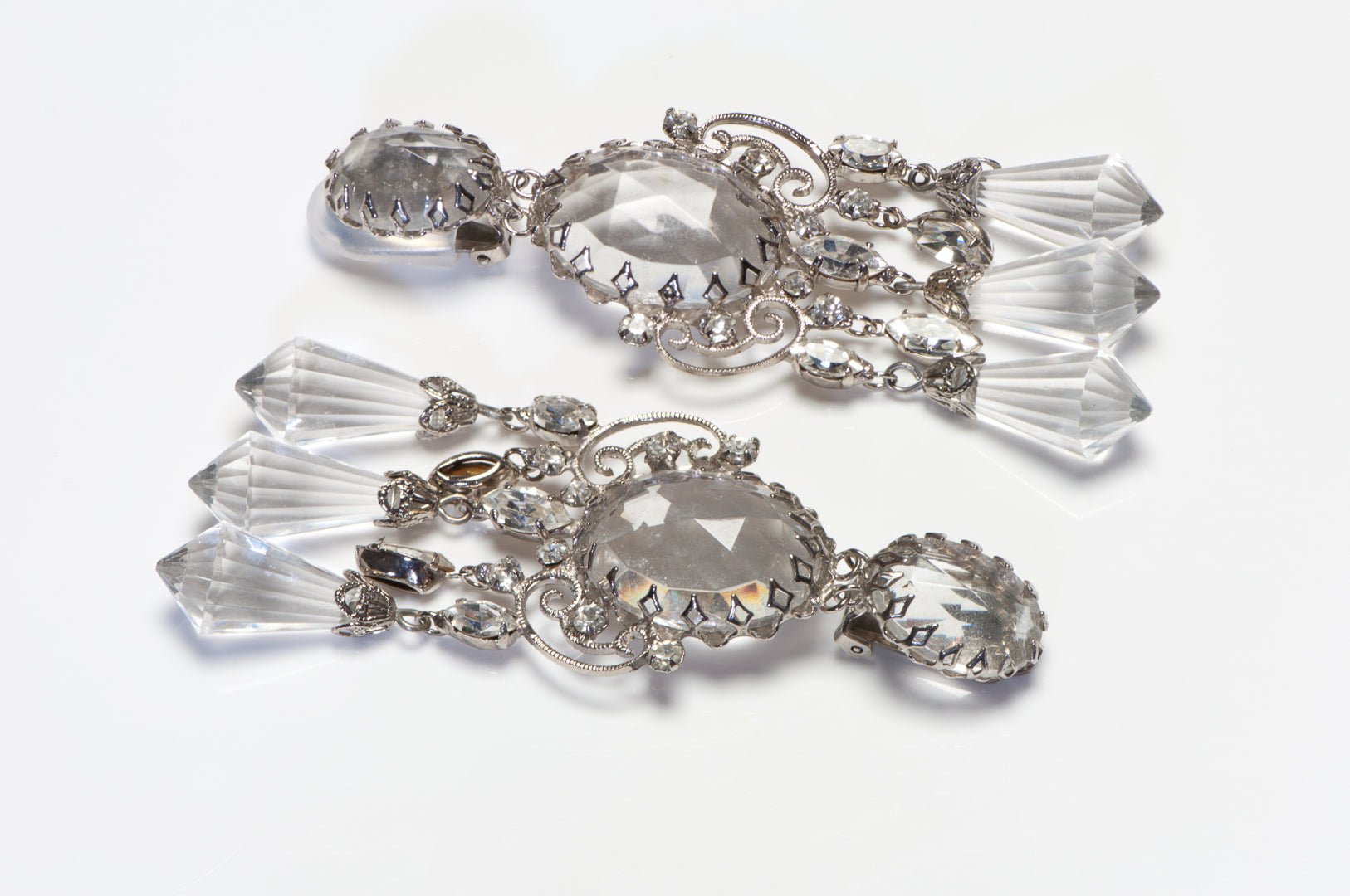 Schreiner NY 1960's Long Clear Crystal Tassel Chandelier Earrings
