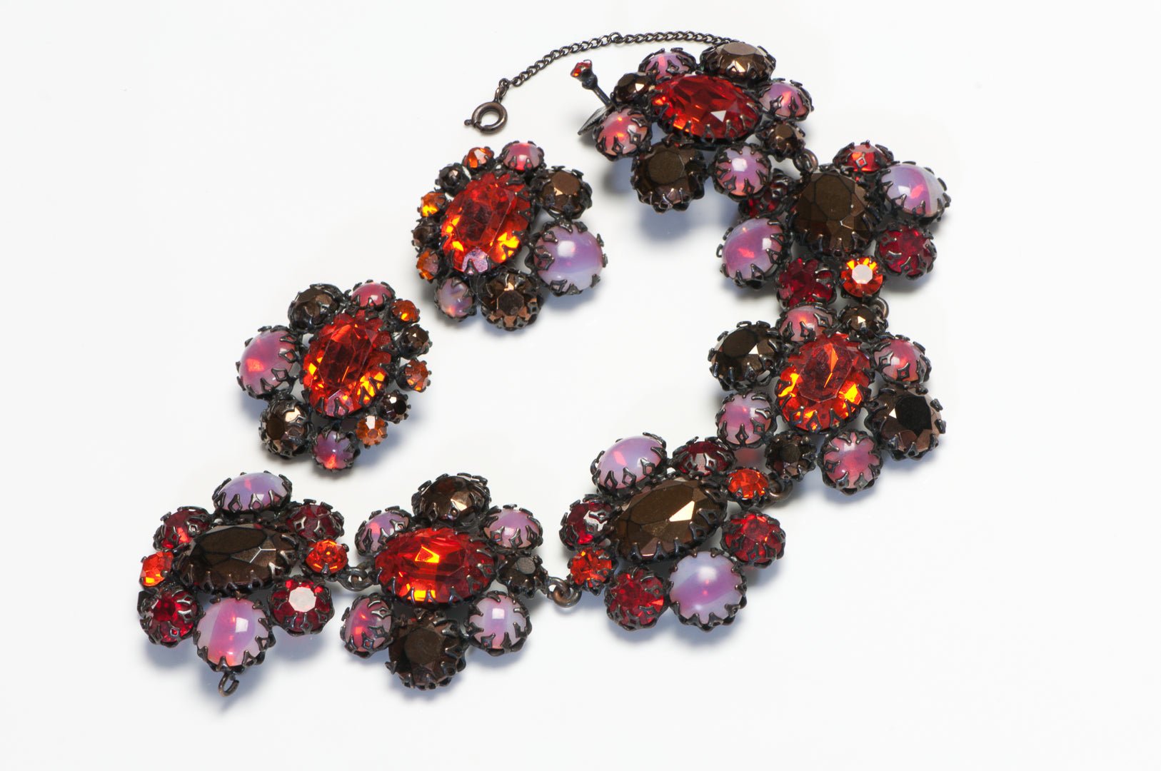 Schreiner NY 1960’s Opaline Glass Red Crystal Necklace Bracelet Earrings Set