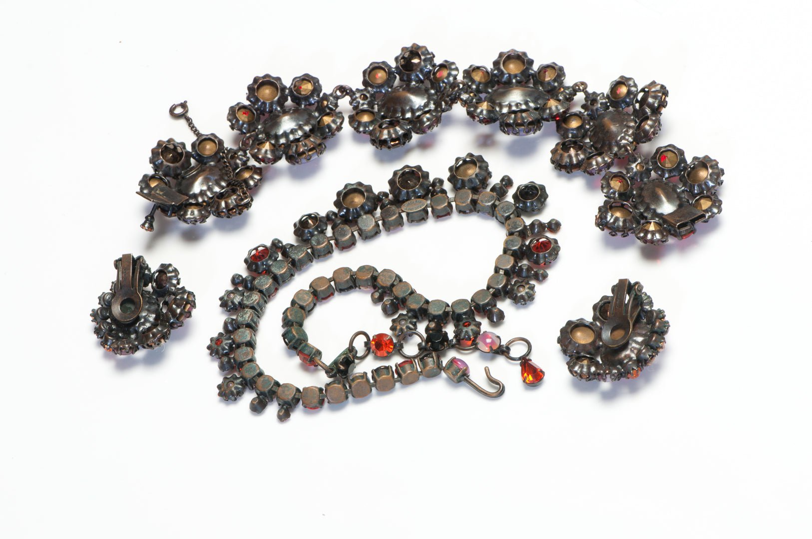 Schreiner NY 1960’s Opaline Glass Red Crystal Necklace Bracelet Earrings Set