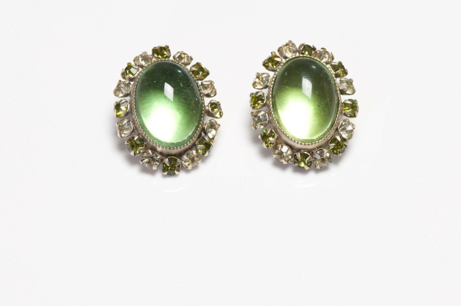 SCHREINER NY Green Cabochon Glass Crystal Brooch Earrings Set