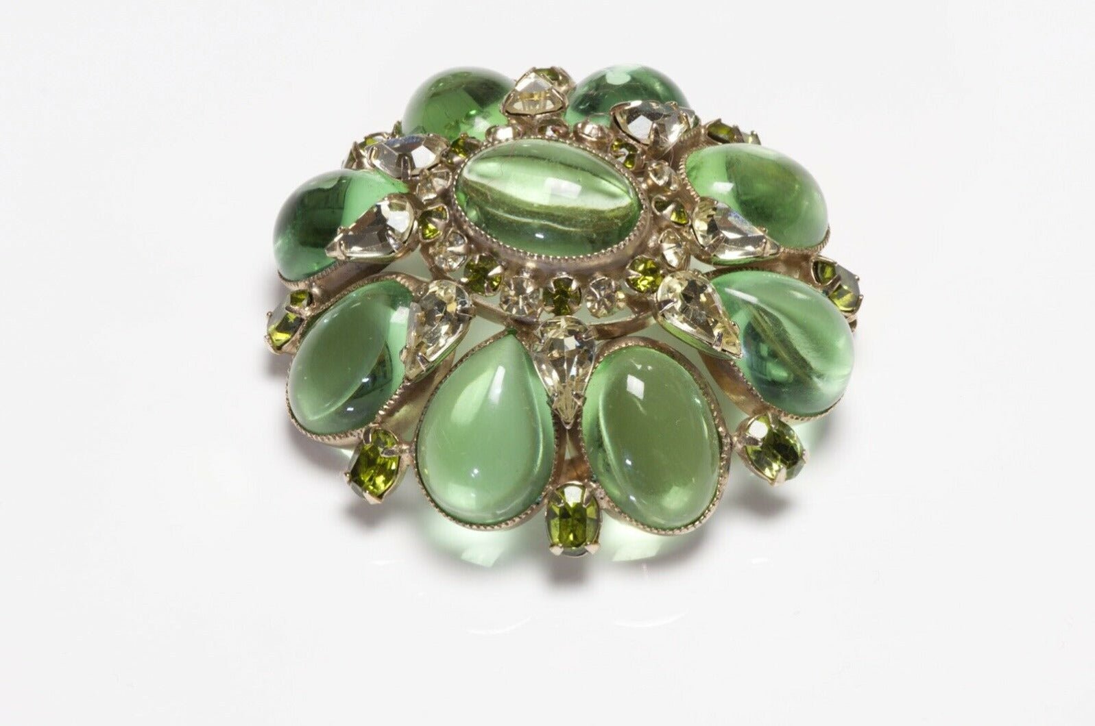 SCHREINER NY Green Cabochon Glass Crystal Brooch Earrings Set