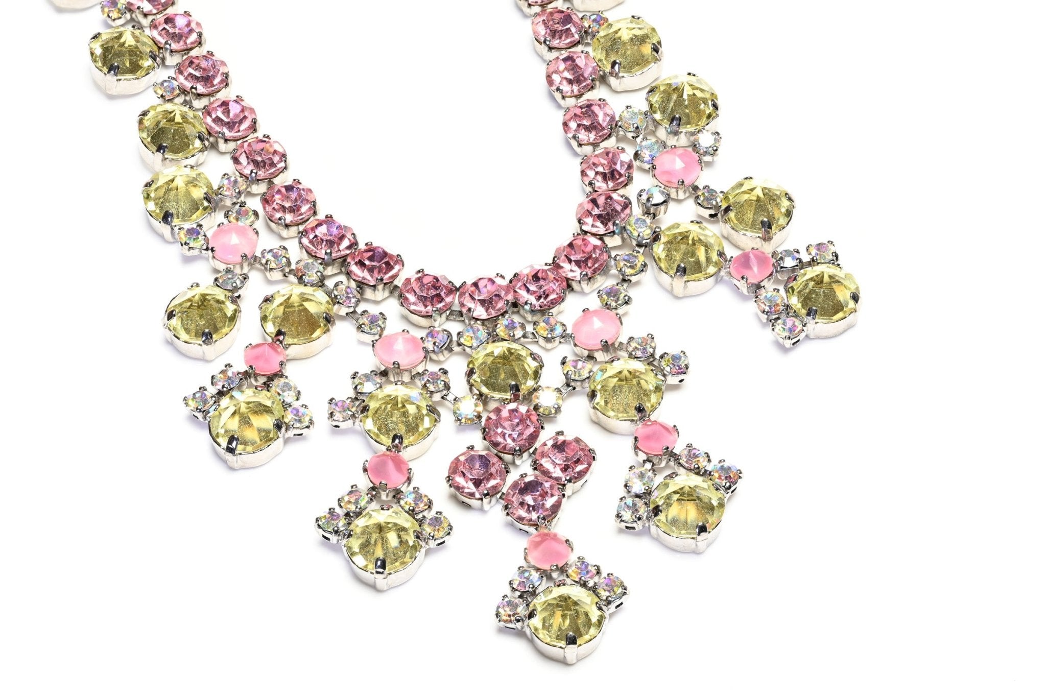 Schreiner NY Haute Couture 1950's Pink Yellow Green Crystal Drop Collar Necklace